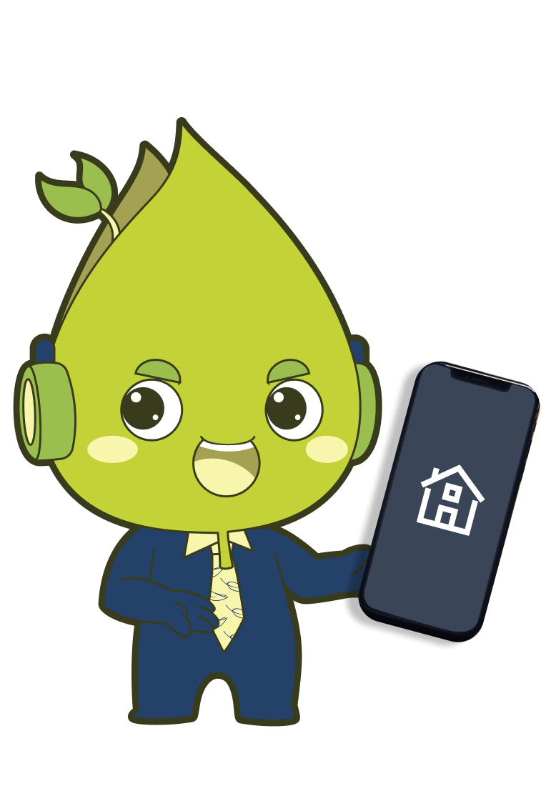 2Leaf mascot Leafy holding a phone with a home icon.